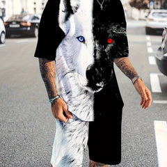 Men's Wolf Pattern T shirt & Active Shorts Set For Fitness