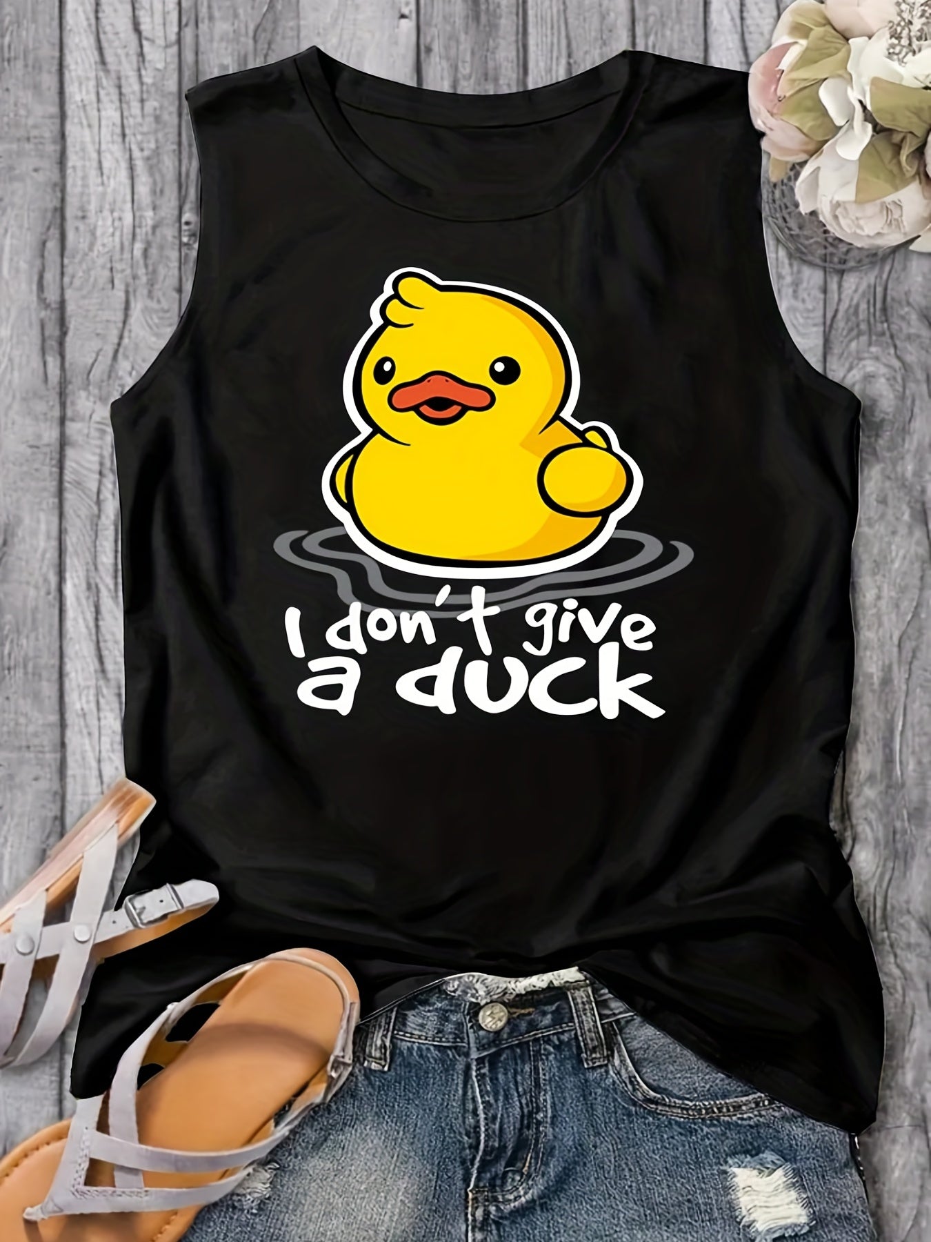 Duck Print Tank Top, Sleeveless Summer Casual Top