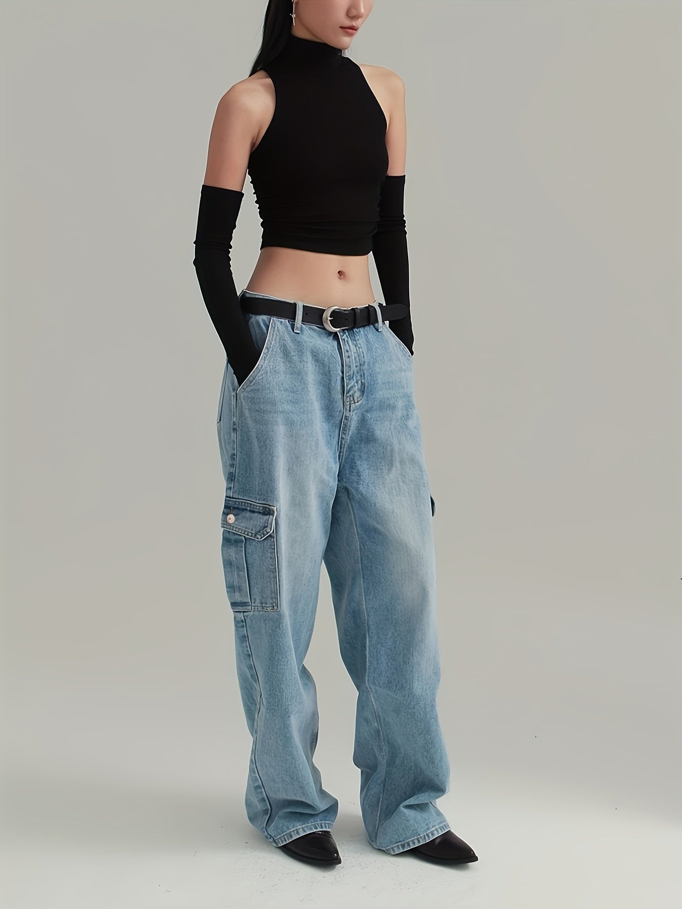 High Rise Loose Baggy Denim Cargo Pants Floor Length