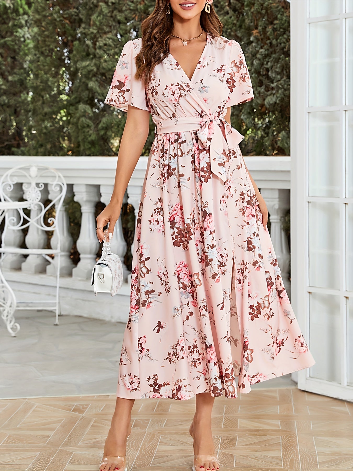 Floral Print Surplice Neck Dress Short Sleeve Split Dress