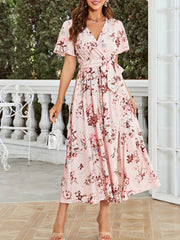 Floral Print Surplice Neck Dress Short Sleeve Split Dress