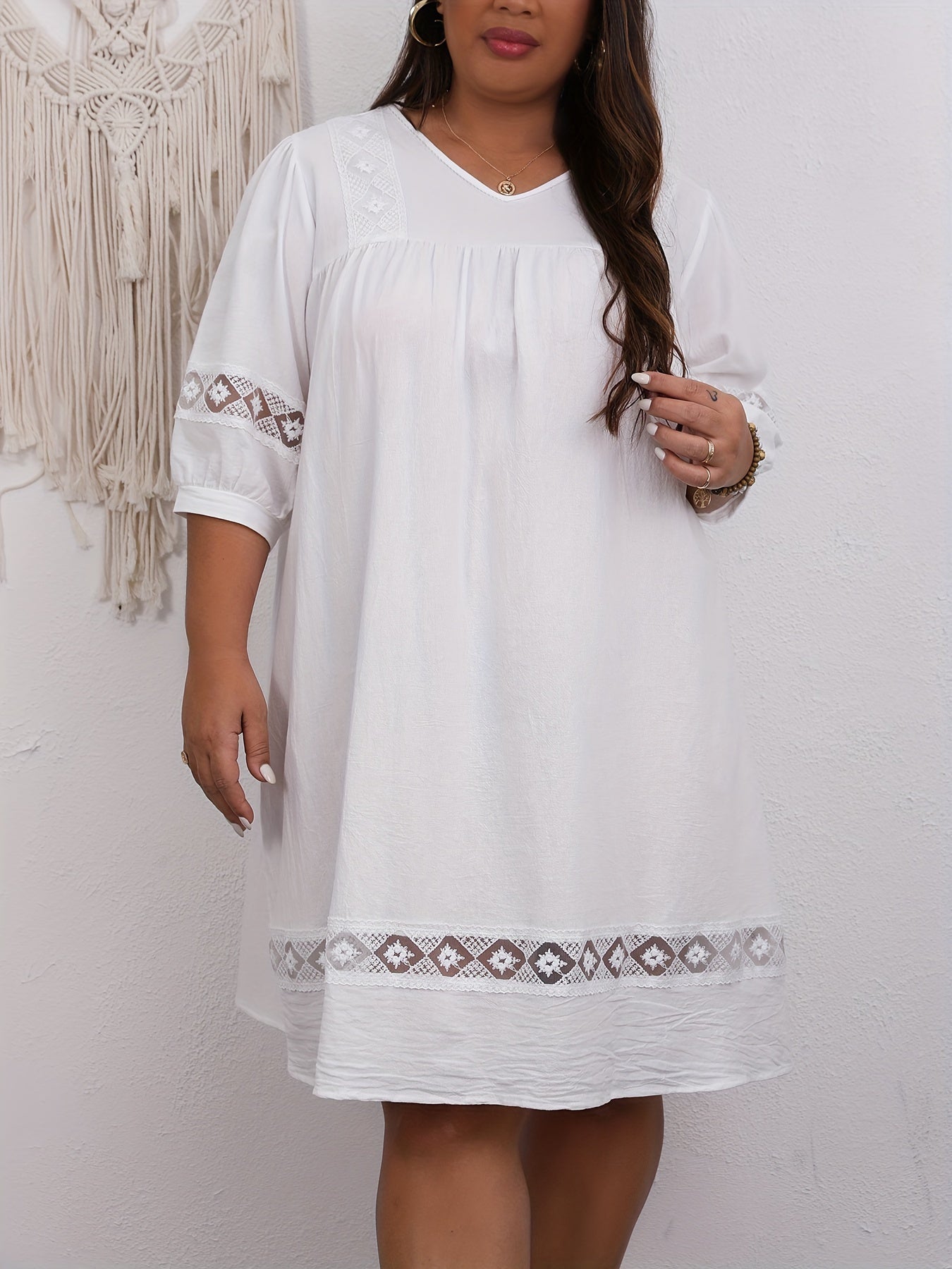 Casual Dress Women's Plus Solid Lace Panel Sleeve Loose Dress