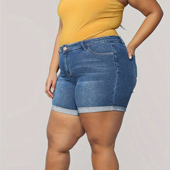 Button Fly High Rise Denim Shorts Plus Size Women's Casual Stretch Jean Shorts
