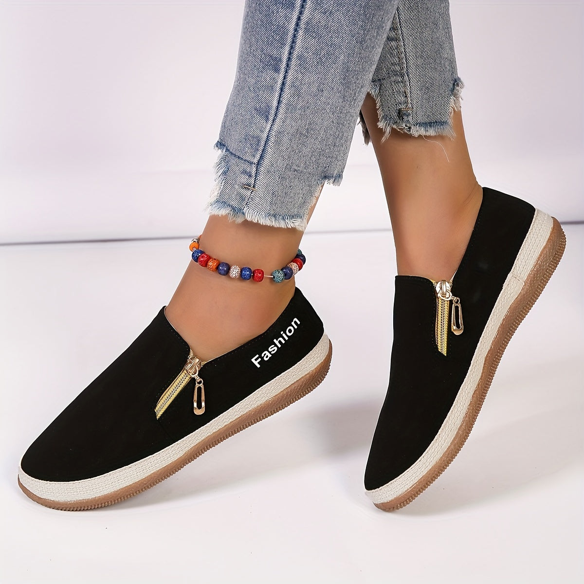 Women's Zipper Detail Canvas Shoes Espadrille Sole Slip On Flat Shoes