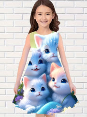 Chubby Cat Crew Sleeveless Dress for Girls - Summer Comfy Outdoor Dress