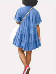 Dark Short Sleeves Denim Dress Tiered Babydoll Single Breasted Button Lapel