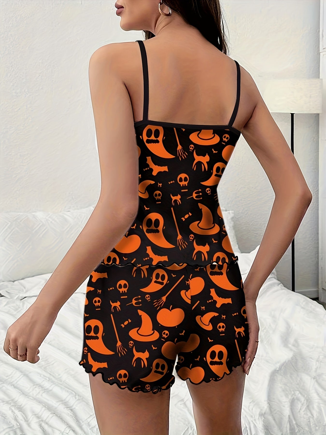 Ghost Print Pajama Set Crew Neck Cami Top & Shorts