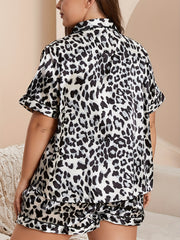 Satin Leopard Print Pajama Set, Women's Plus Loungewear Set
