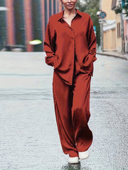 Women's Plus Size Solid Button Up Shirt & Loose Pants 2 Piece Set