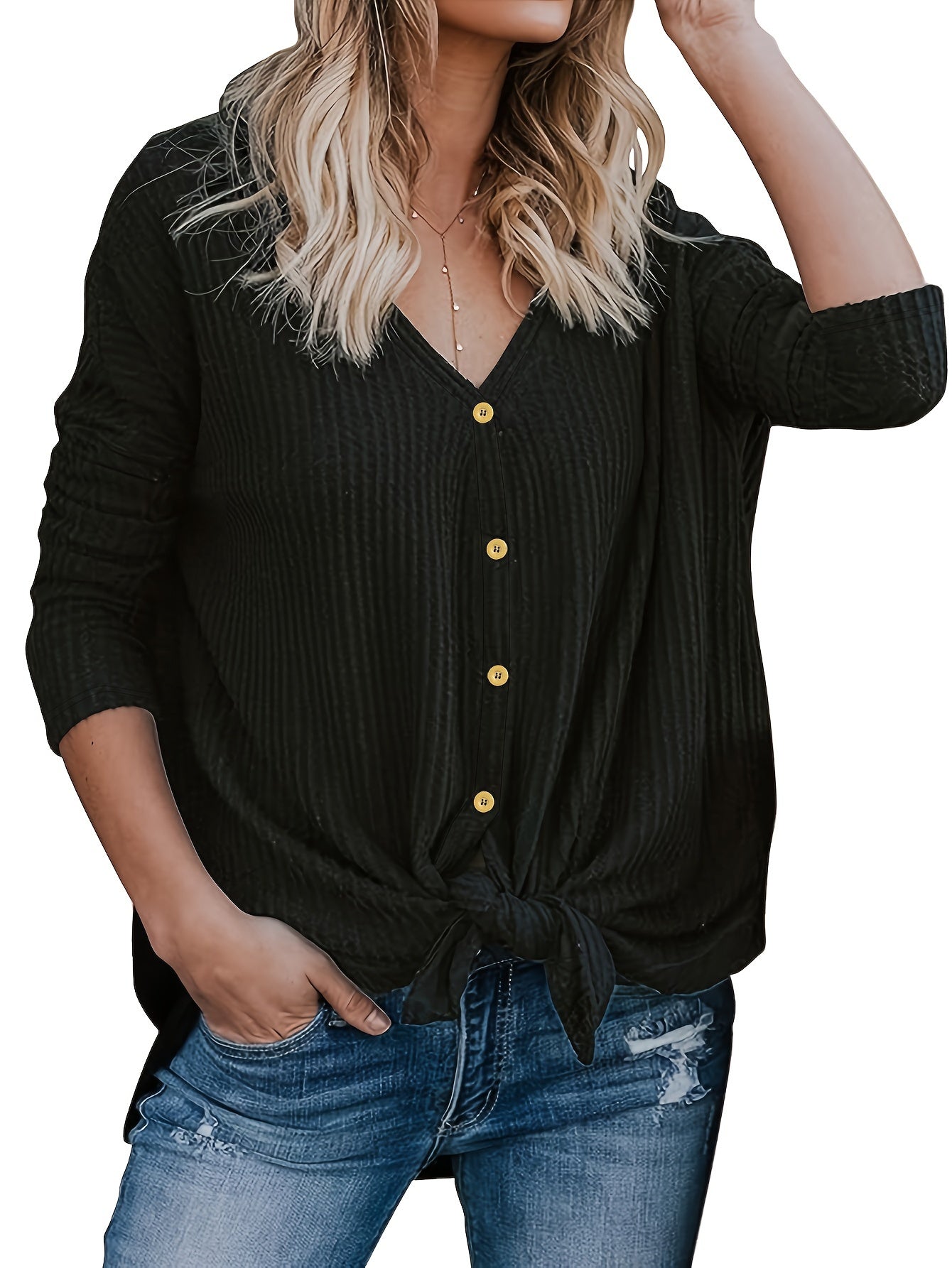 Retro Cardigan Women's Plus Solid Long Sleeve Button Up Knot Front Kni