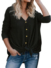 Retro Cardigan Women's Plus Solid Long Sleeve Button Up Knot Front Kni