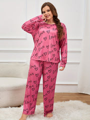 Heart & Letter Print Pajama Set Long Sleeve Tee & Pants Lounge 2 Pc
