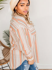 Women's Orange Stripe Print Long Sleeve Blouse