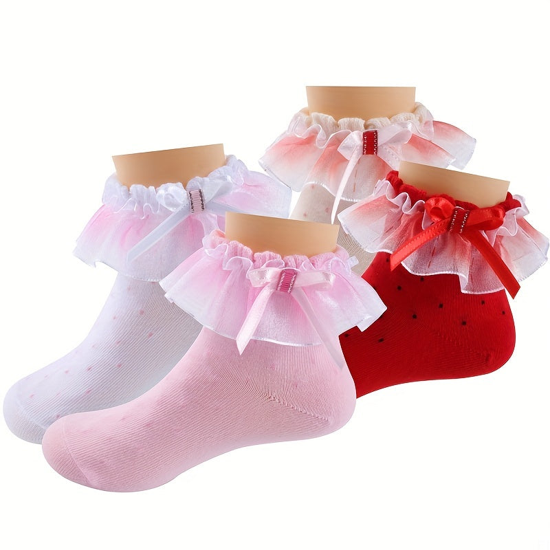 3 Pairs Girls Lace Ruffle Bow Socks for Autumn & Spring