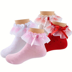 3 Pairs Girls Lace Ruffle Bow Socks for Autumn & Spring
