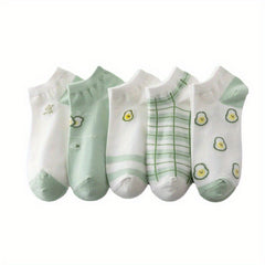 5 Pairs Fruit Print Socks & Lightweight Low Cut Ankle Socks for Women