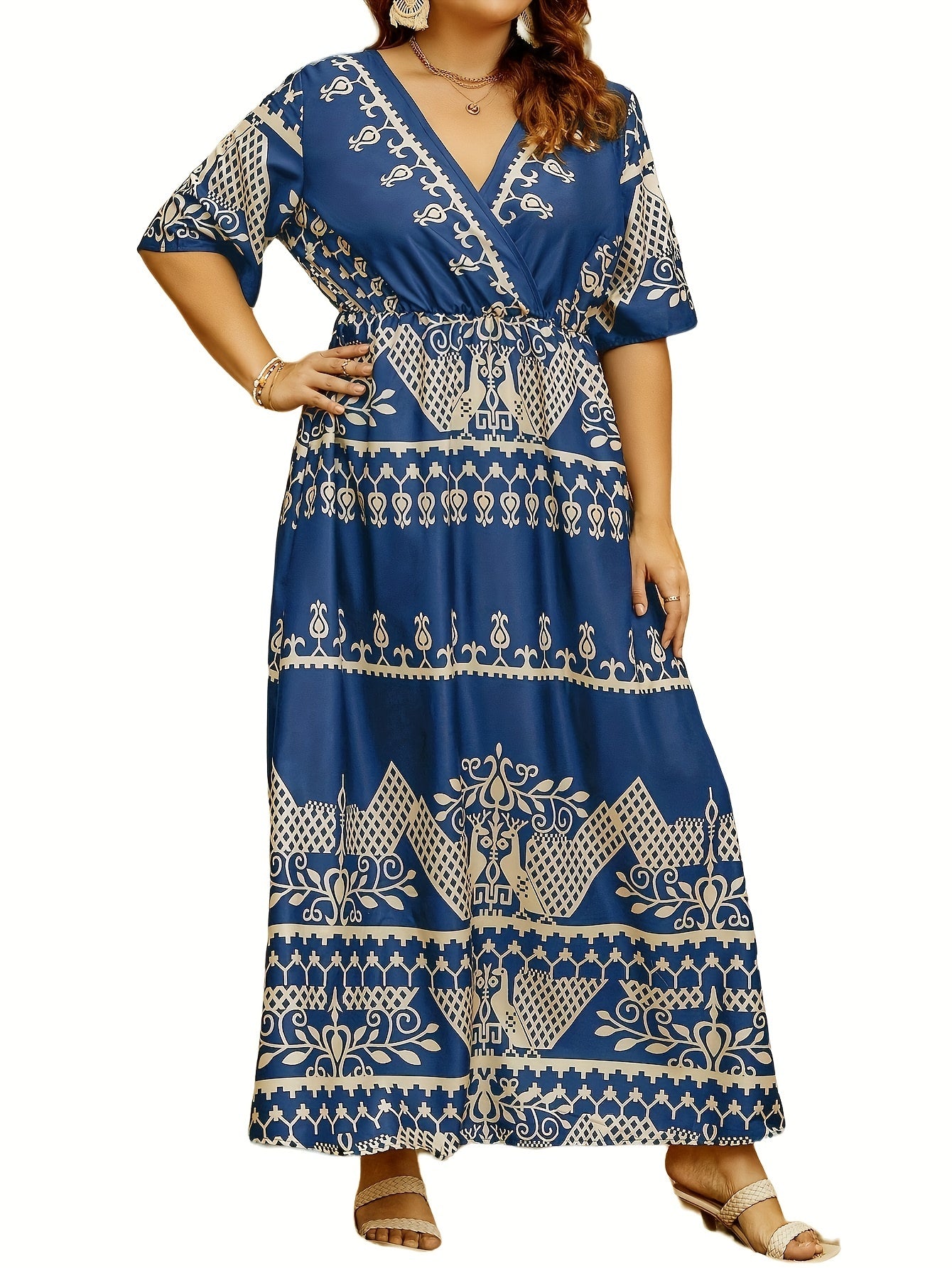 Floral Print Maxi Dress Surplice Neck Short Sleeve