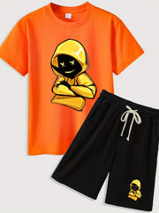 Boys 2-Piece Hoodie & Shorts Set Round Neck Top Casual Kids Clothes