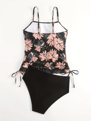 Drawstring Tie Side Tankini Set Floral Pattern High Cut Swimsuit