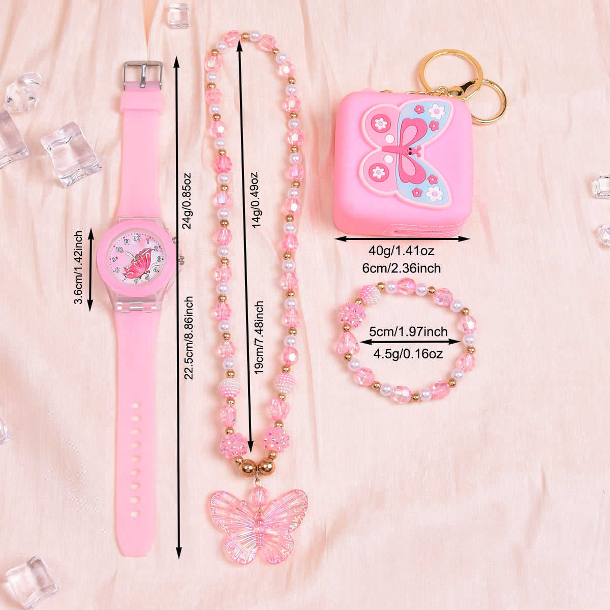 Girls Silicone Butterfly Watch Set with Bracelet, Necklace, Coin Purse
