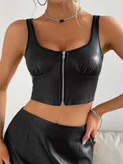 Solid Zipper Faux Leather Crop Top for Women
