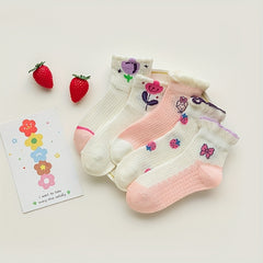 Girls 5 Pairs Breathable Crew Socks with Strawberries and Flowers
