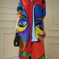 Abstract Face Print Dress Boho V Neck Long Sleeve Maxi Dress Women's Clothing
