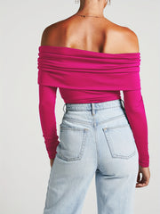 Solid Foldover Bodysuit Off Shoulder Long Sleeve