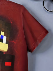 Pixel Character Print Tee Tops Boys Round Neck Casual Short Sleeve T shirt