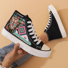 Retro Cow Print Chunky Canvas Sneakers High Top Classic Skate Shoes