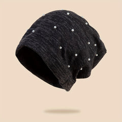 Faux Pearl Decor Beanie Hip Hop Solid Skull Cap Warm Bonnets For Women