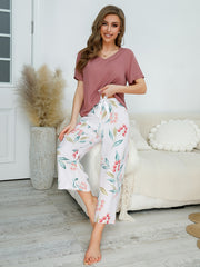 Floral Print Lounge Set V Neck Short Sleeve Top & Bow Pants