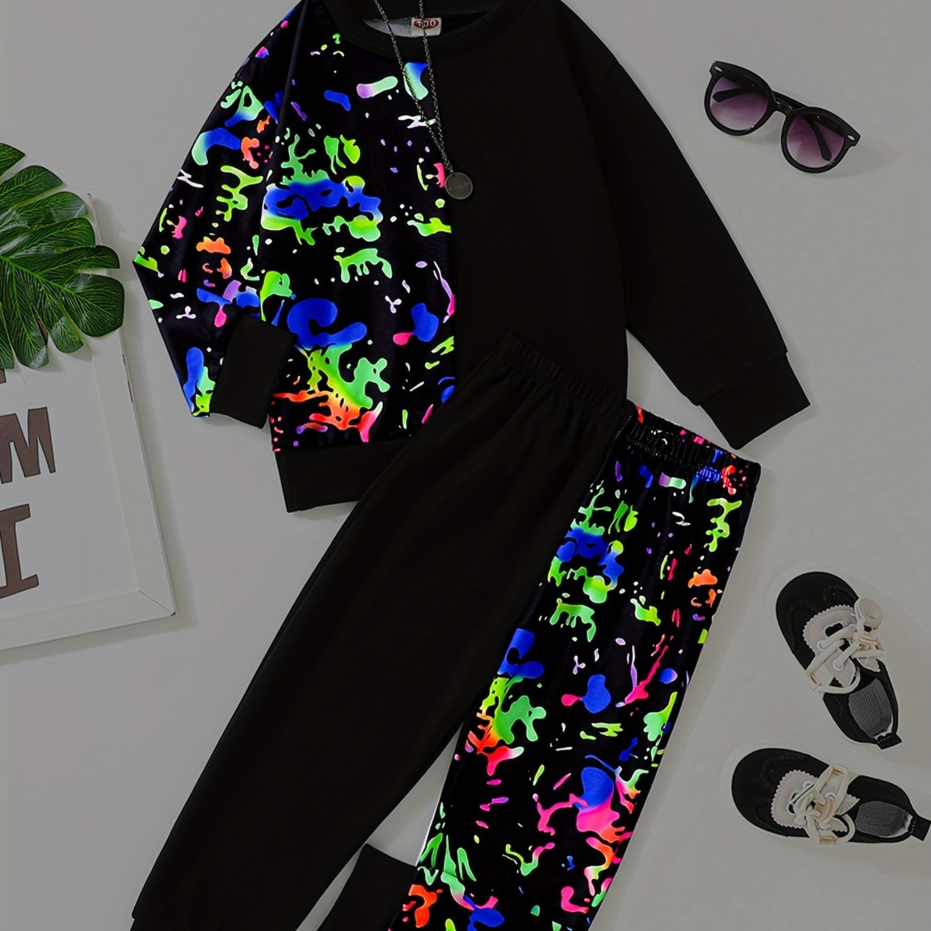 Reflective Paint Pattern Boy's 2pcs Sweatshirt & Sweatpants Set