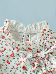 Girl's Floral Short Sleeve Shirt with Bow and Keyhole Back