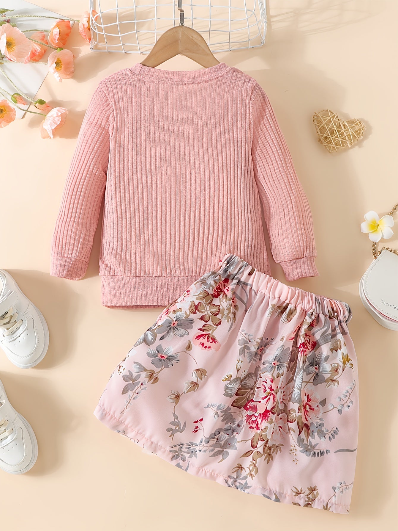 Autumn Girls Knitted Head Pullover Flower Print Skirt Set
