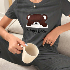 Cartoon Print Lounge Set Short Sleeve Crew Neck Top & Elastic Waistband Pants