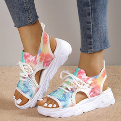 Women's Tie Dye Knit Sports Sandals Lace Up Peep Toe Slingback Shoes