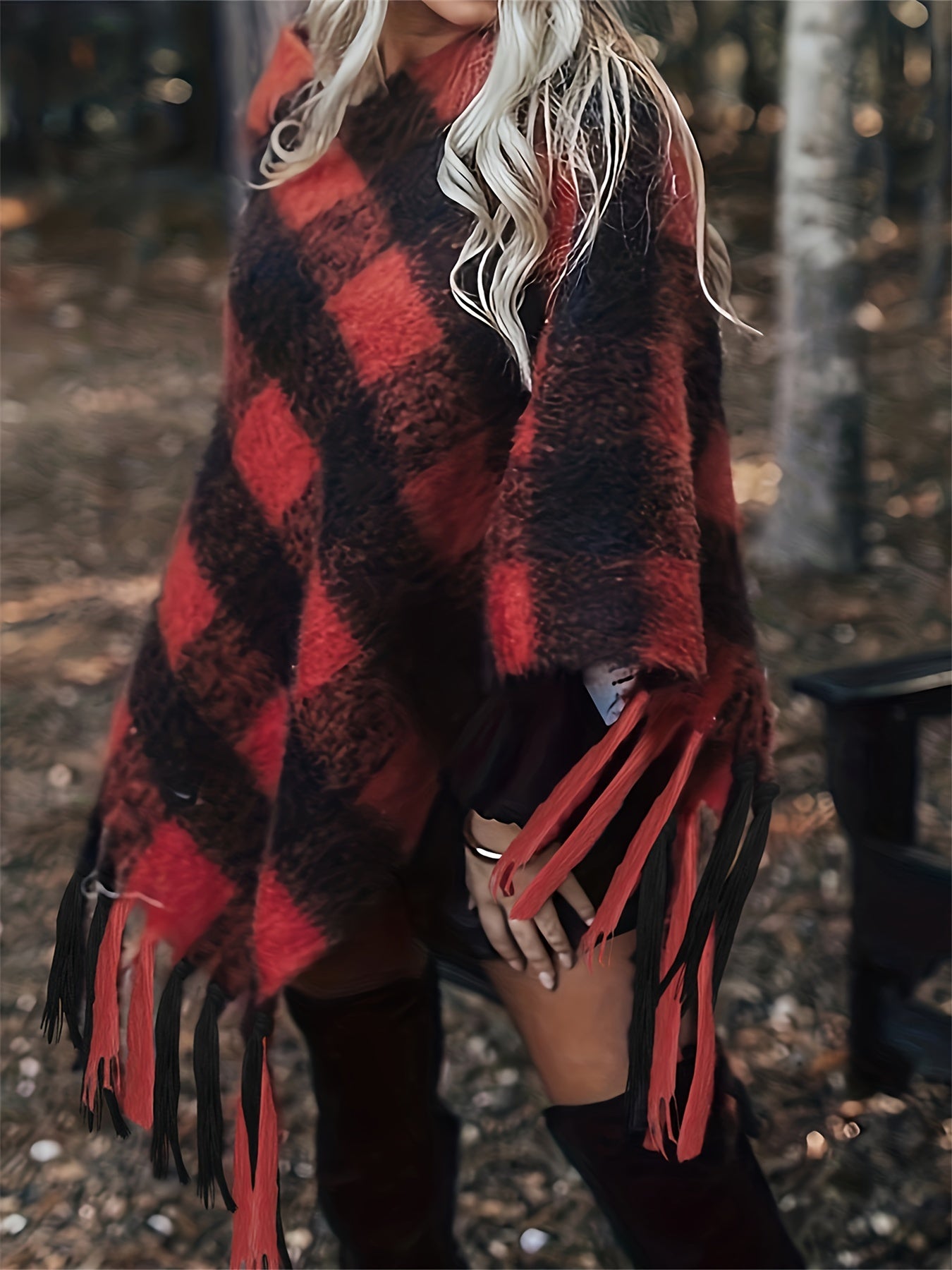 Gingham Print Fringe Trim Shawl Sweater