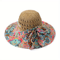 Boho Crochet Sun Hat Wide Brim Straw Hat Bowknot Fisherman Cap