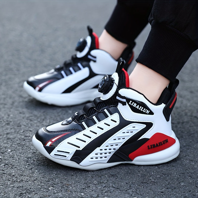 Boy's Basketball Shoes With Rotating Buckle Comfy Non Slip Sneakers