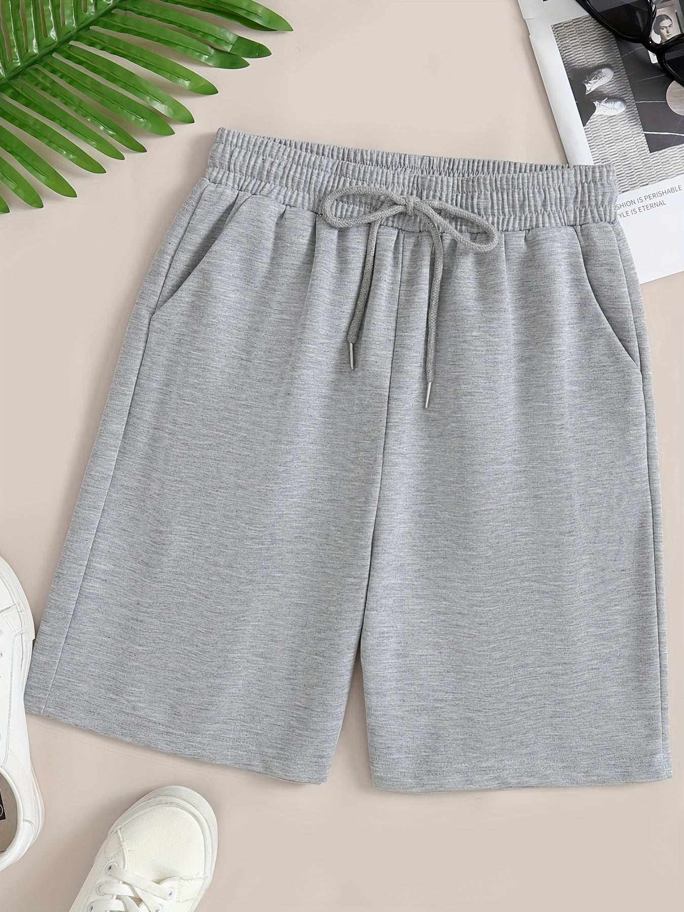 Casual Solid Sports Shorts With Pockets Tie Waist for Women
