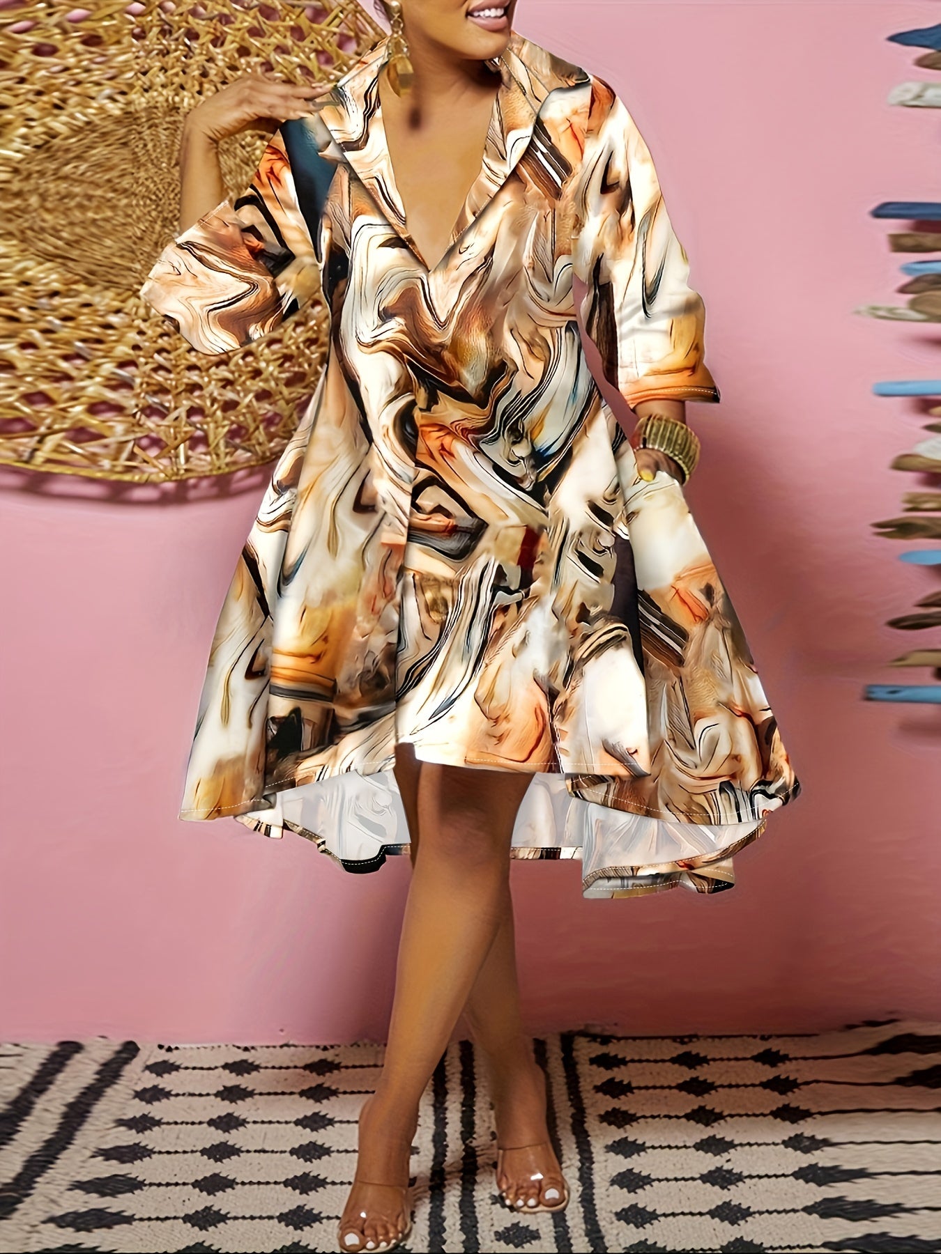Marble Print Long Sleeve Polo Neck Dress With Pockets