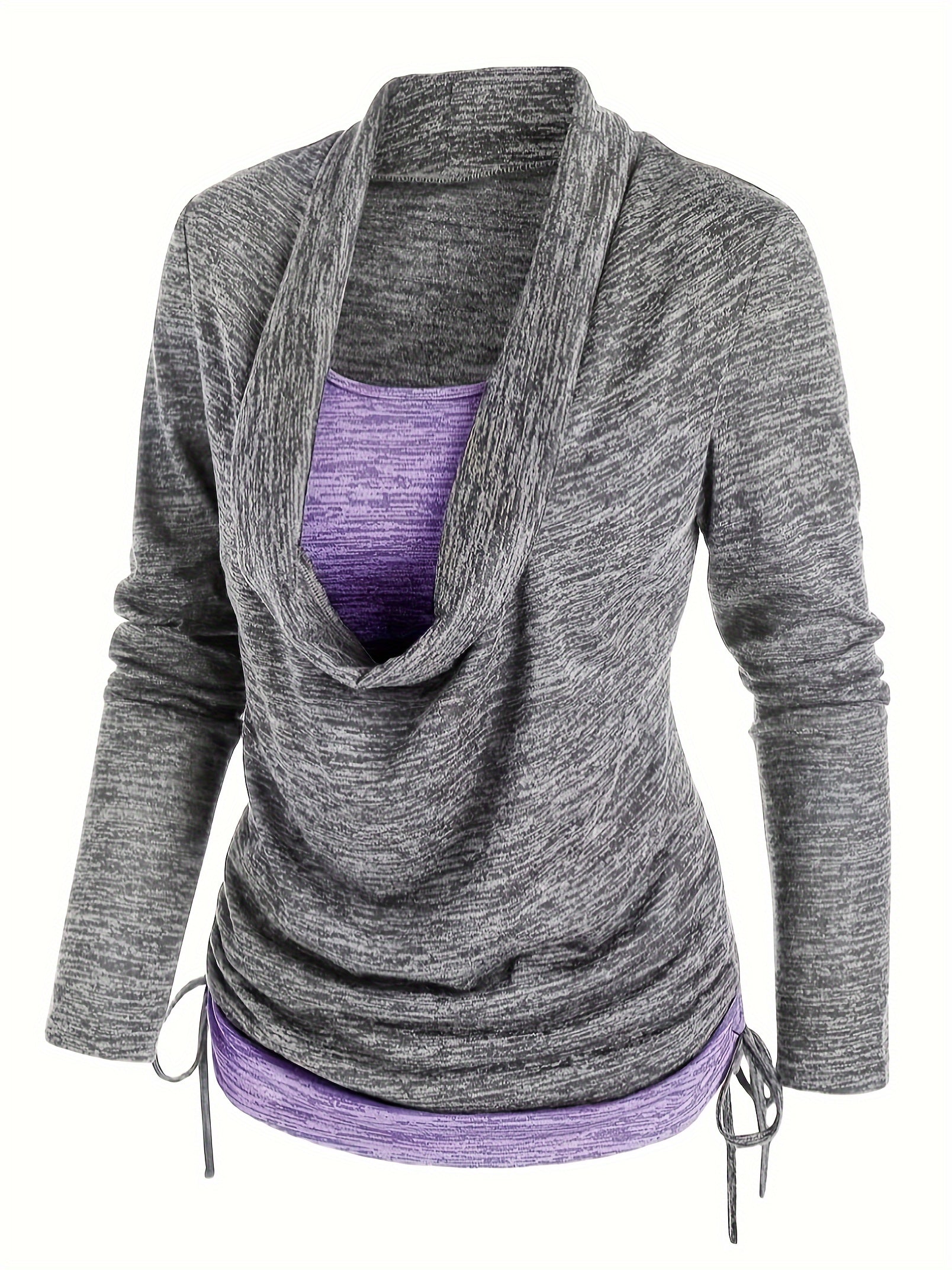 Colorblock Knit Top Cowl Neck Ruched Side 2 in 1 Top