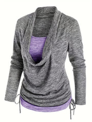 Colorblock Knit Top Cowl Neck Ruched Side 2 in 1 Top