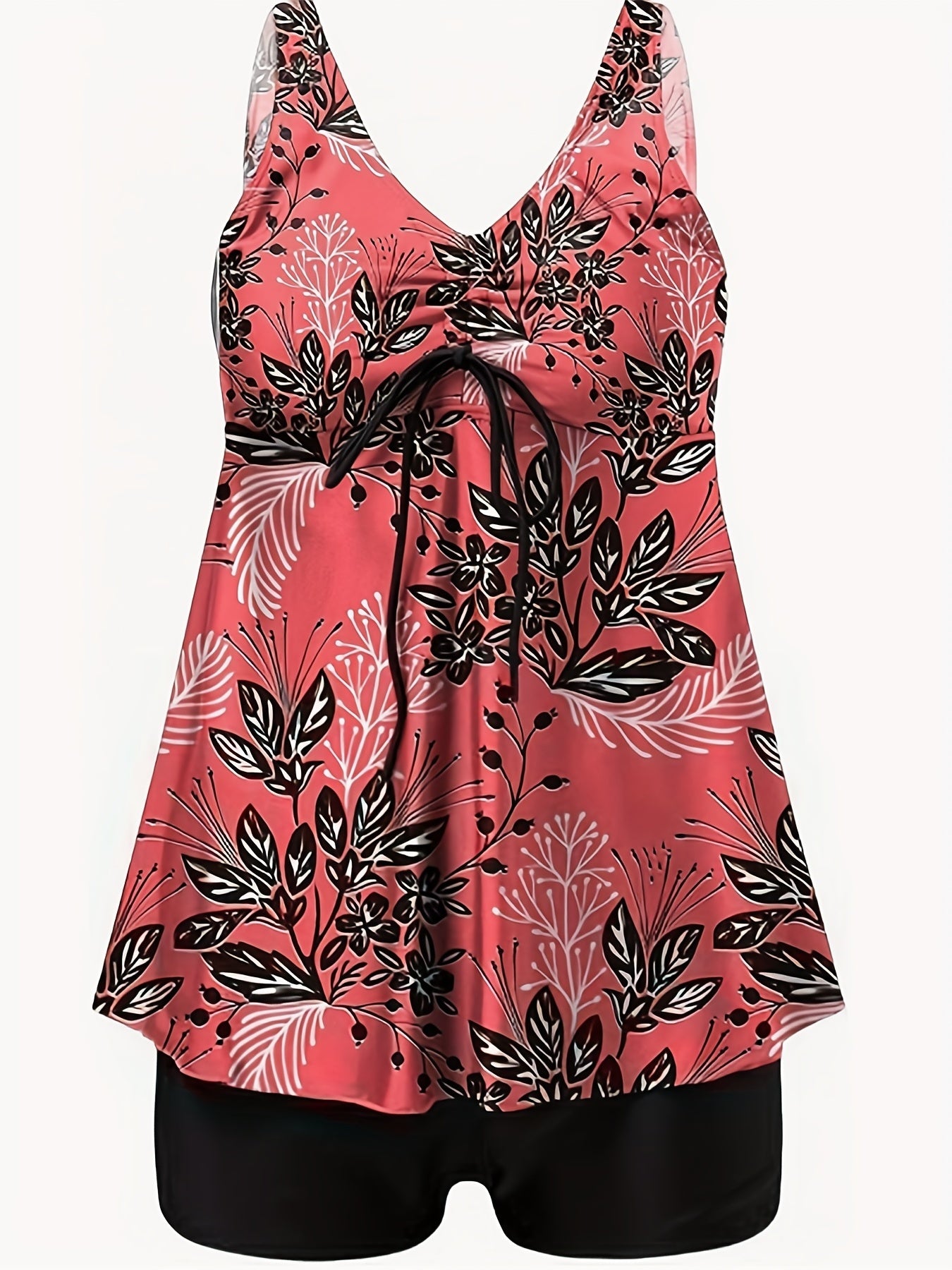 Leaf Print Tankini Set V Neck Tie Front Top & Shorts Swimsuit