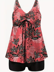 Leaf Print Tankini Set V Neck Tie Front Top & Shorts Swimsuit