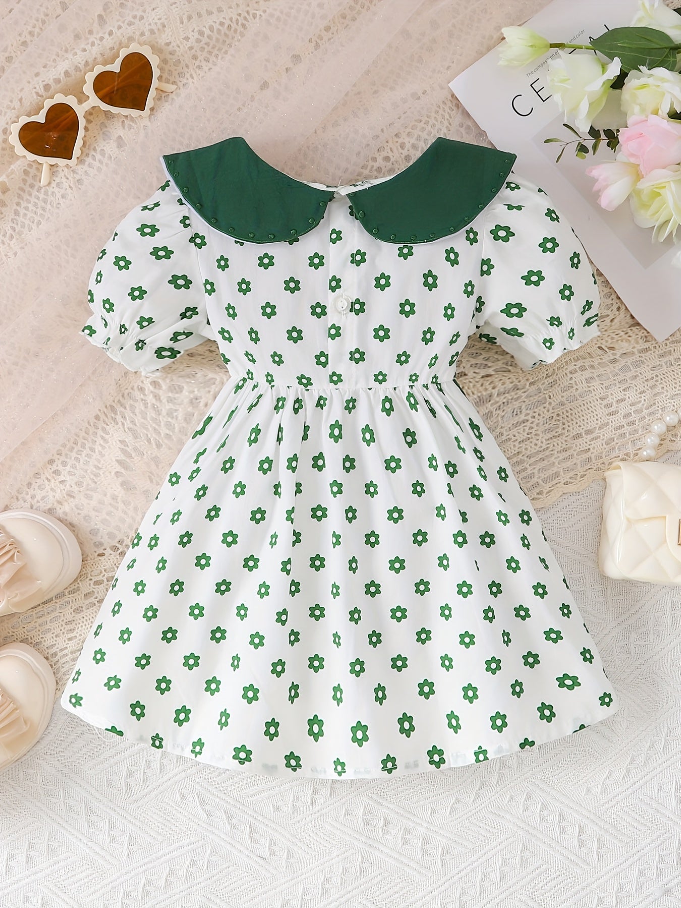 Baby Girls Doll Collar Short Sleeve Dress Floral Print Tunic Dress