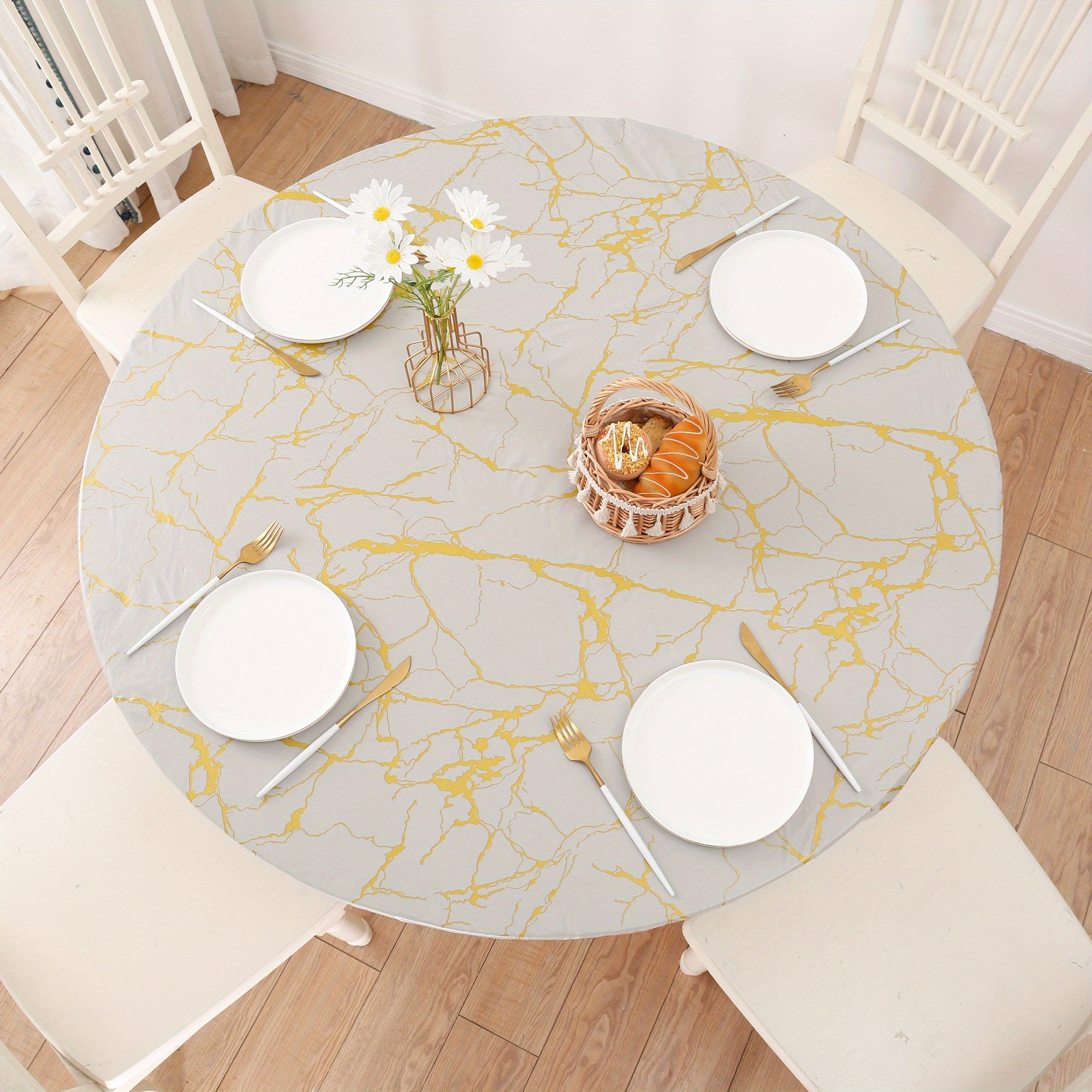 Round Marble Style Elastic Tablecloth Waterproof Proof