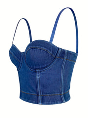 Denim Spaghetti Straps V Neck Crop Top Sleeveless Slim Fit