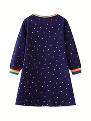 Girls' Pumpkin Animal Embroidered Long Sleeve Shirt Dress